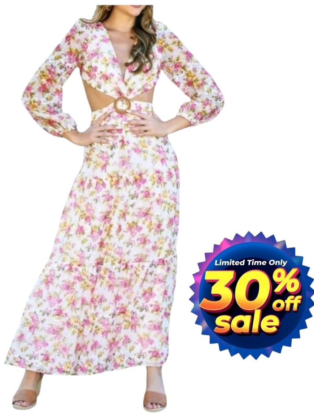 Gianni Bini Lillian Floral Garden Cut Out Maxi Dress 12 Plunge Neck Long Sleeve